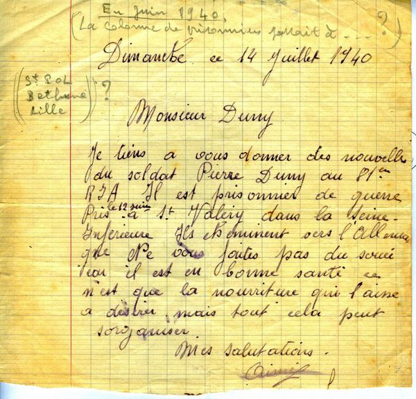 Message de juillet 1940 sur Pierre Duny-Pétré
