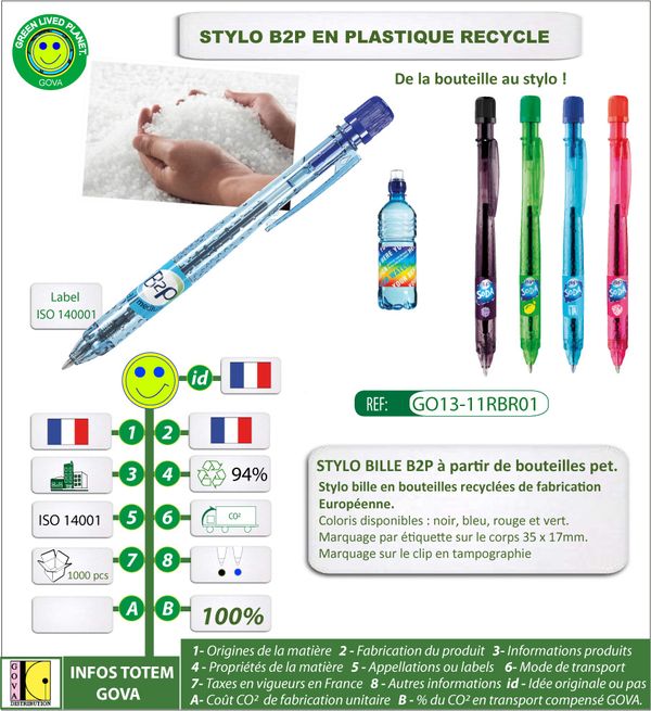 Stylo bille B2P nouveaux coloris ref GO13 11RBR01