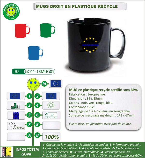 Mug droit 35cl en plastique recycle fabrication europe GO11