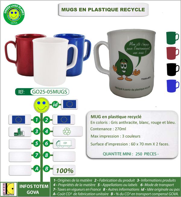 Mugs en plastique 270ml recycle fabrication europe ref GO25