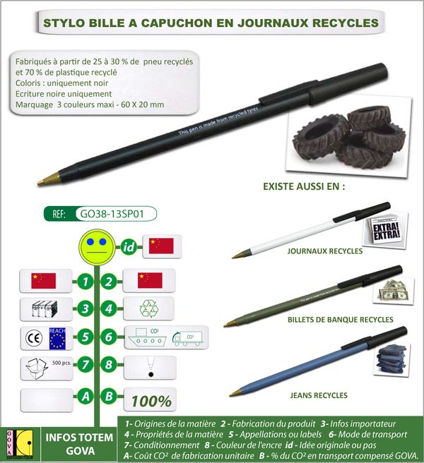 Stylo bille a capuchon en pneu recycle GOVA GO38 13SP01