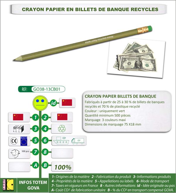 crayon papier en billets de banque recycles GO38 13CB01