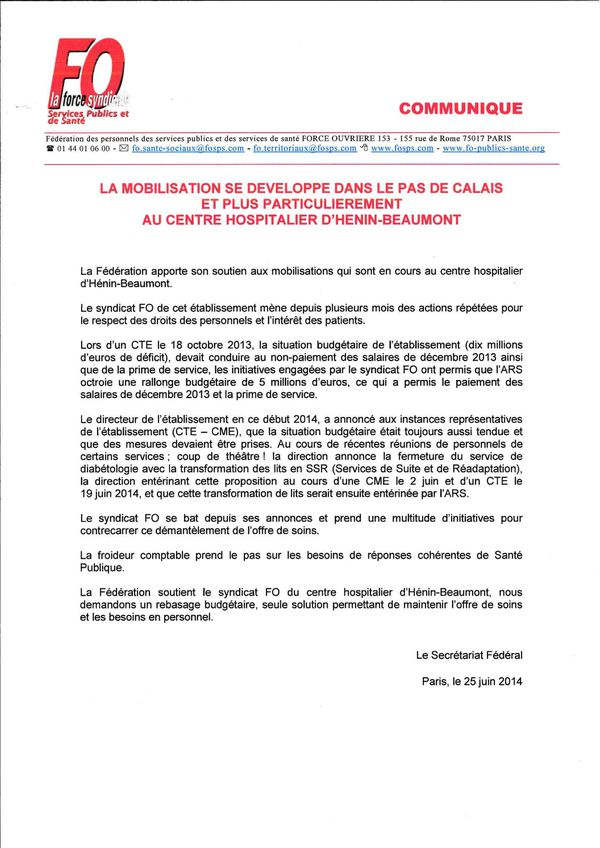 COMMUNIQUE -Mobilisation dans le Pas de Calais au CH Hénin
