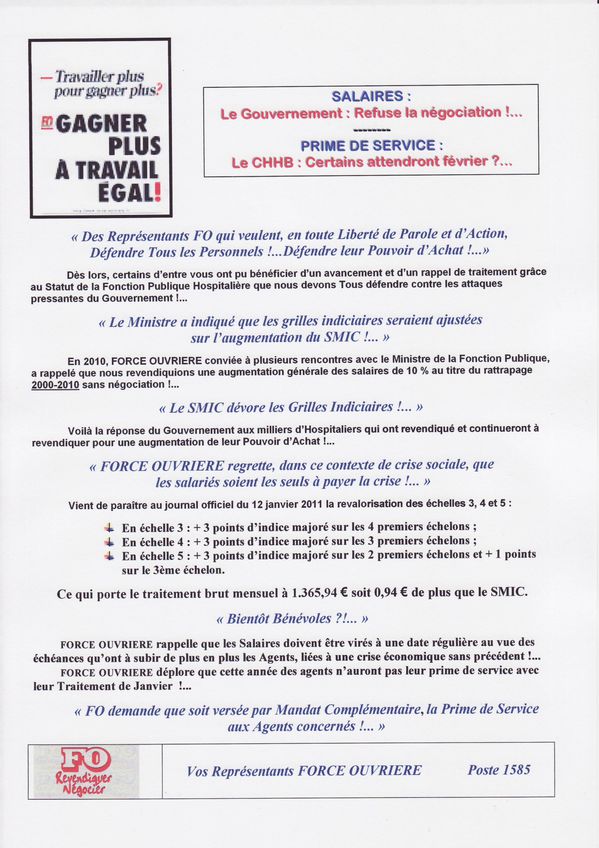 Salaires et Prime Janvier 2011