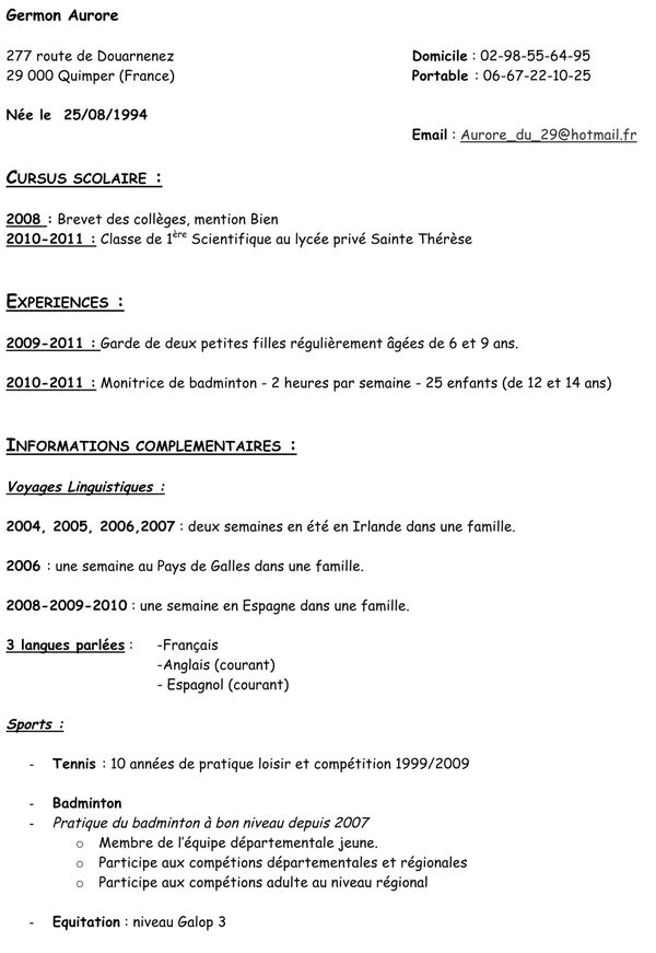 modele cv fille au pair