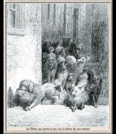 gravure fable de la fontaine - illustration dore - le chien qui po