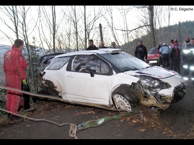 Essais Rallye Monte Carlo Rochepaule 2012 sortie de route de Merksteijn sur Citroën DS3