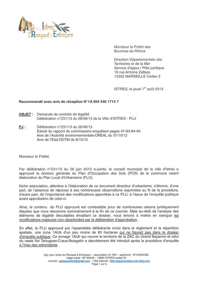 2013-08-01-Préfet-Dde contrôle de légalité PLU d'Istres