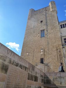 Le donjon Gilles d'Aycelin qui domine l'ensemble architectural de l'hôtel de ville vu depuis la Via Domitia (image personnelle, mars 2011)