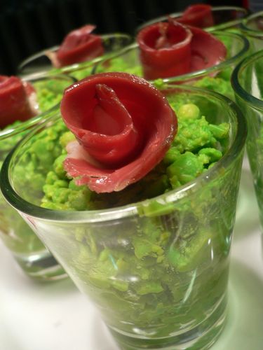 caviar de petits pois au magret de canard fumé
