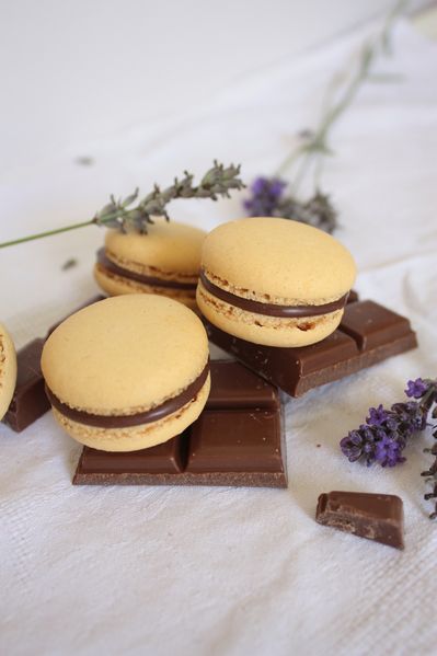 Macarons choc lait-abricots lavande.