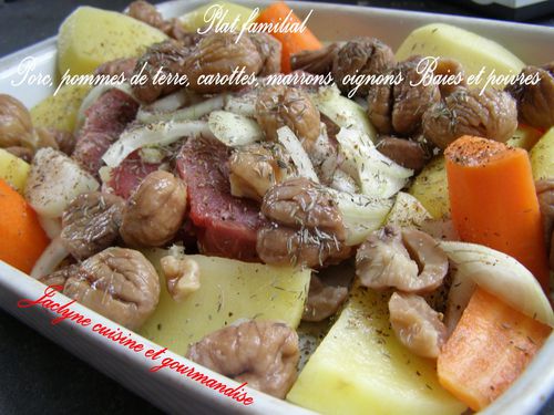 Plat familial! Porc, pommes de terre, carottes, marrons, oignons, baies et poivres Facile Gourmand Cuisson au four Jaclyne cuisine et gourmandise