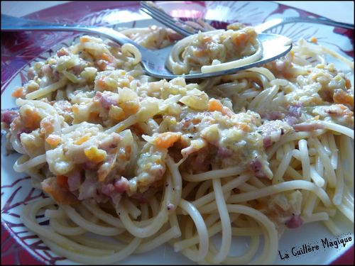 Poêlée lardons, spaghetti et petits légumes