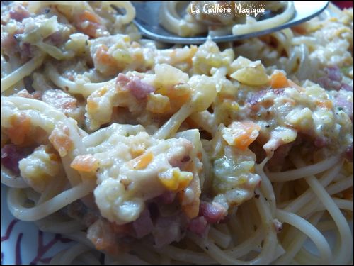 Poêlée spaghetti, lardons, petits légumes