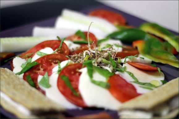 caprese avec aussi des germes de soja au sésame, des crackers au fromage, des bâtonnets de concombre et poivrons vegecarib1108