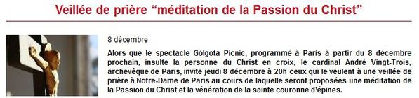 Veillée de prière du 8 décembre 2011 Capture écran - Invitation publiée sur le site de l'Eglise catholique de Paris (Mgr Vingt-Trois, Diocèse de Paris)