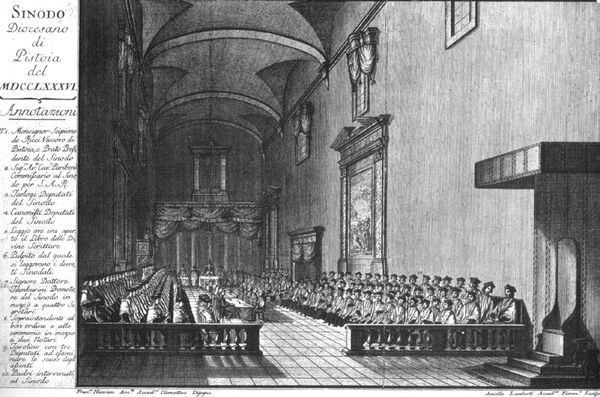 Incisione del 1786, sinodo diocesano in Pistoia (seminario