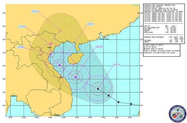 Typhon Haiyan - Prévision trajectoire - Vietnam