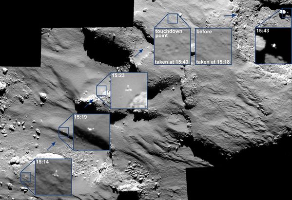Rosetta - Les rebonds de Philae sur la comète 67P / Churyumov–Gerasimenko vus par la caméra OSIRIS de Rosetta