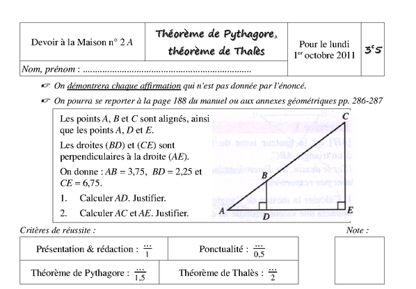 3e5 Dm2 Pythagore Thalès Les
