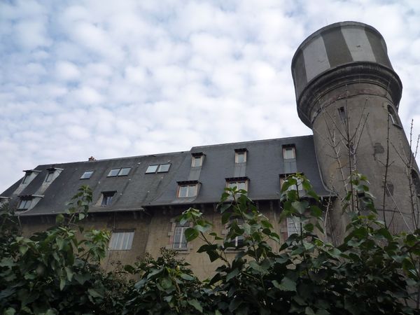Façade et chateau d'eau des Frigos à travers le lierre