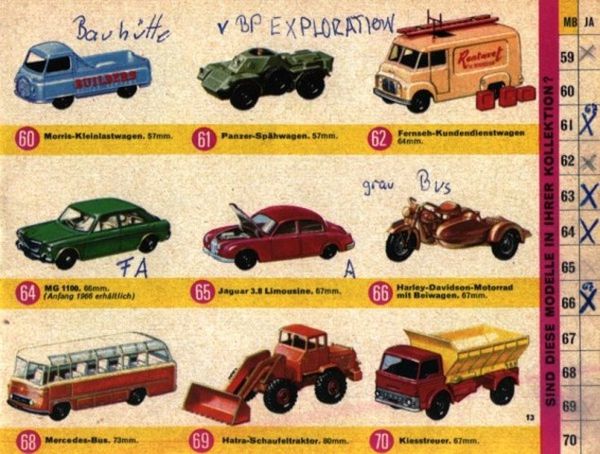 catalogue matchbox 1967 p13 sidecar harley davidson morris