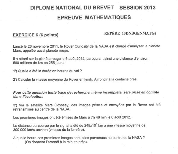 Diplome national du Brevet - 2013 - MSL - Curiosiity - Mars