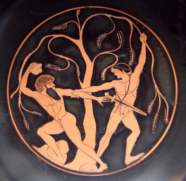 Thésée et Sinis médaillon d'un kylix attique 490-480 Sta