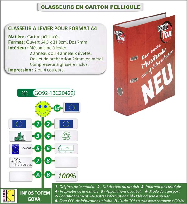 Classeur A4 de 2 ou 4 anneaux en carton pellicule fab Europ