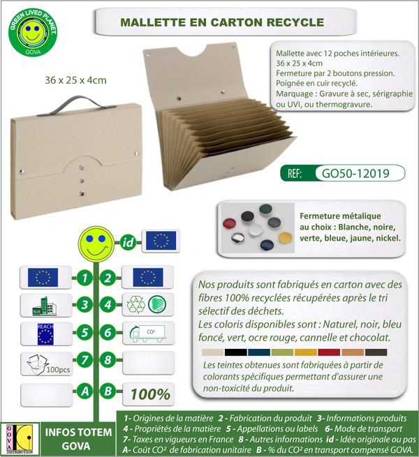 Mallette en carton recycle avec 12 poches ref GO50 12019