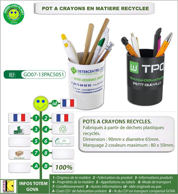 Pots a crayons en plastique recycle fabrication europe ref