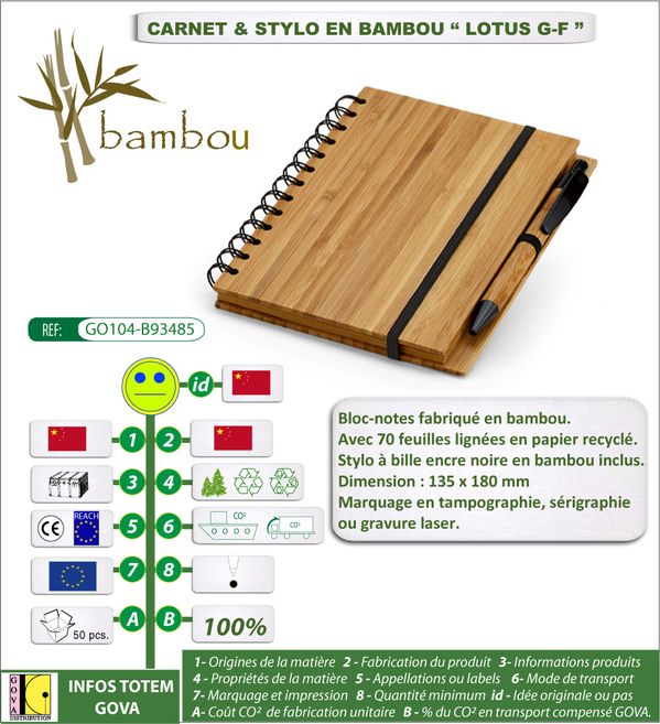 Carnet grand format en bambou avec stylo en bambou et papie