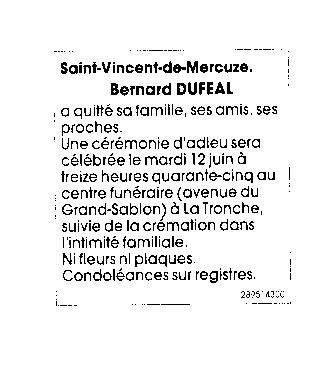 avis de décé Bernard DUFEAL