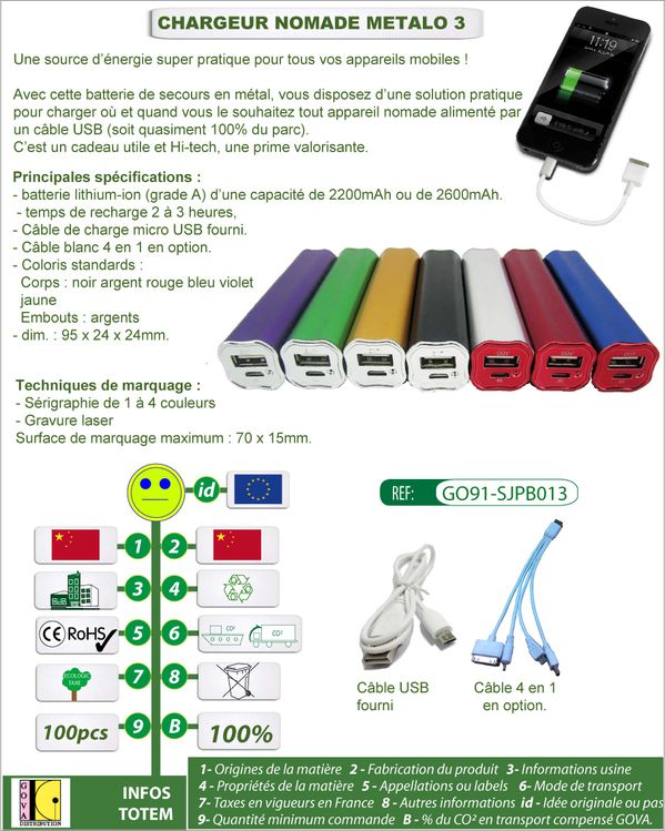 Batterie de secours nomade METALO3 pour iPhone et smartphon