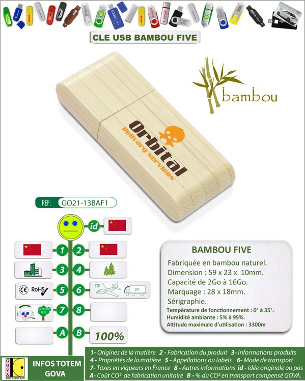 Cle usb bambou five avec impression GO21 13BAF01