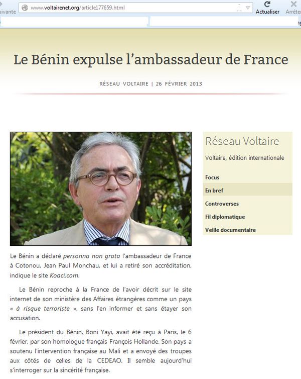 Expulsion Ambassadeur France Bénin