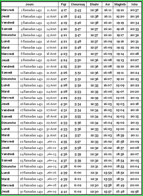 Ramadan 2012 : calendrier horaires des prières