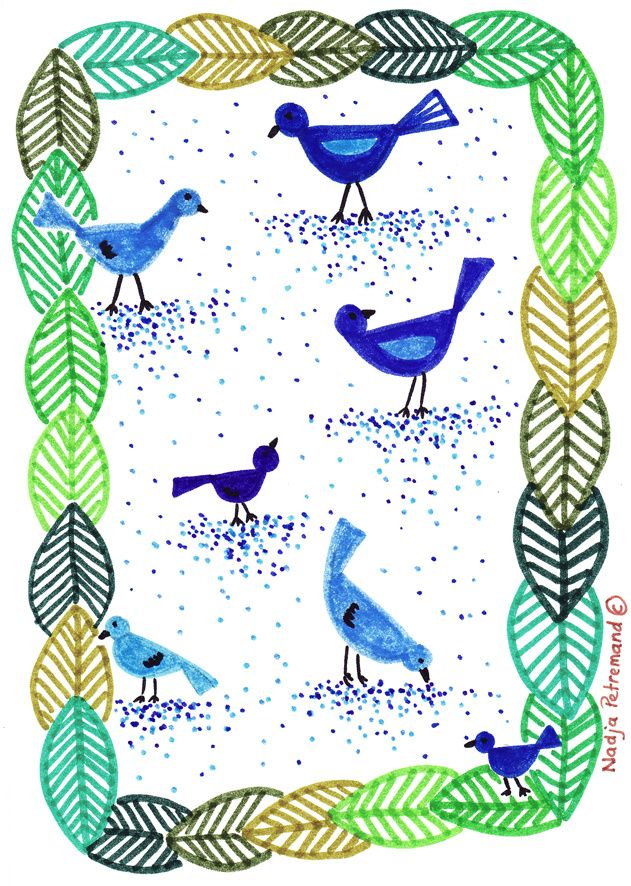 illustration oiseaux dans feuillage