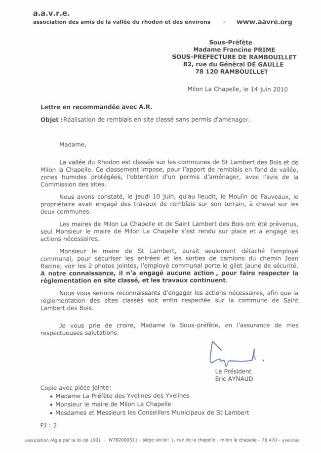 Fauveaux lettre à la SP du 14.06.2010